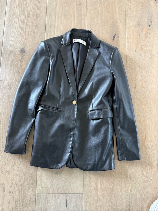 Zara Jackets & Blazers - Zara Black Faux Leather Blazer with Gold Button